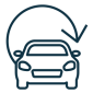 Ein minimalistisches Icon eines Autos in Frontalansicht, umgeben von einem halbkreisförmigen Pfeil, der auf das Fahrzeug zeigt, steht für die Möglichkeit eines monatlichen Fahrzeugwechsels.