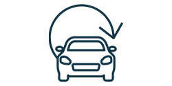 Ein minimalistisches Icon eines Autos in Frontalansicht, umgeben von einem halbkreisförmigen Pfeil, der auf das Fahrzeug zeigt. Es symbolisiert die Möglichkeit eines monatlichen Fahrzeugwechsels im Rahmen des Abos.