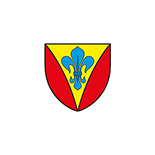 Wappen mit roten Rändern und einer blauen Blüte in der Mitte auf gelben Hintergrund