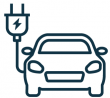 Blaues Auto-Icon in Front-Ansicht mit Stromstecker-Symbol auf weißem Hintergrund