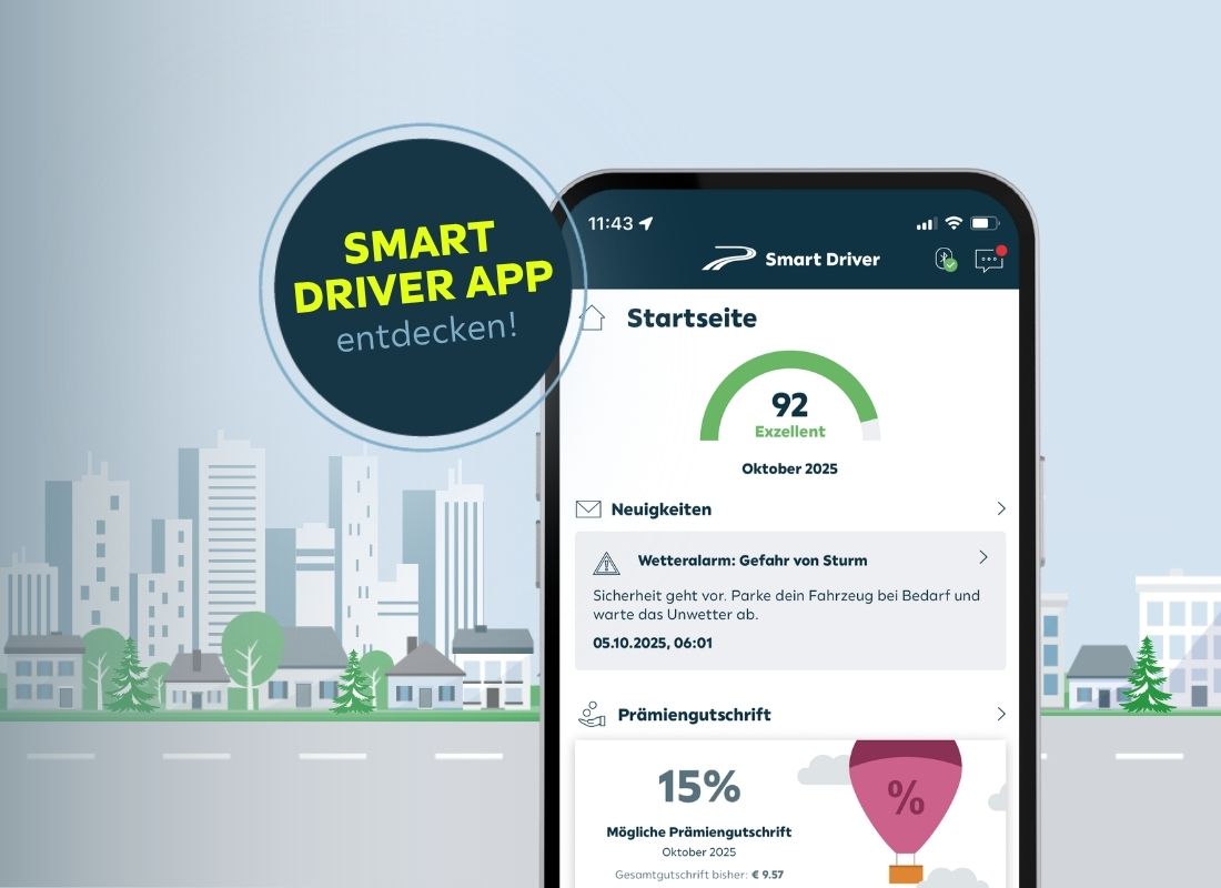 Illustration einer Stadt mit Straße und einem Handy auf der die Smart Driver App sichtbar ist