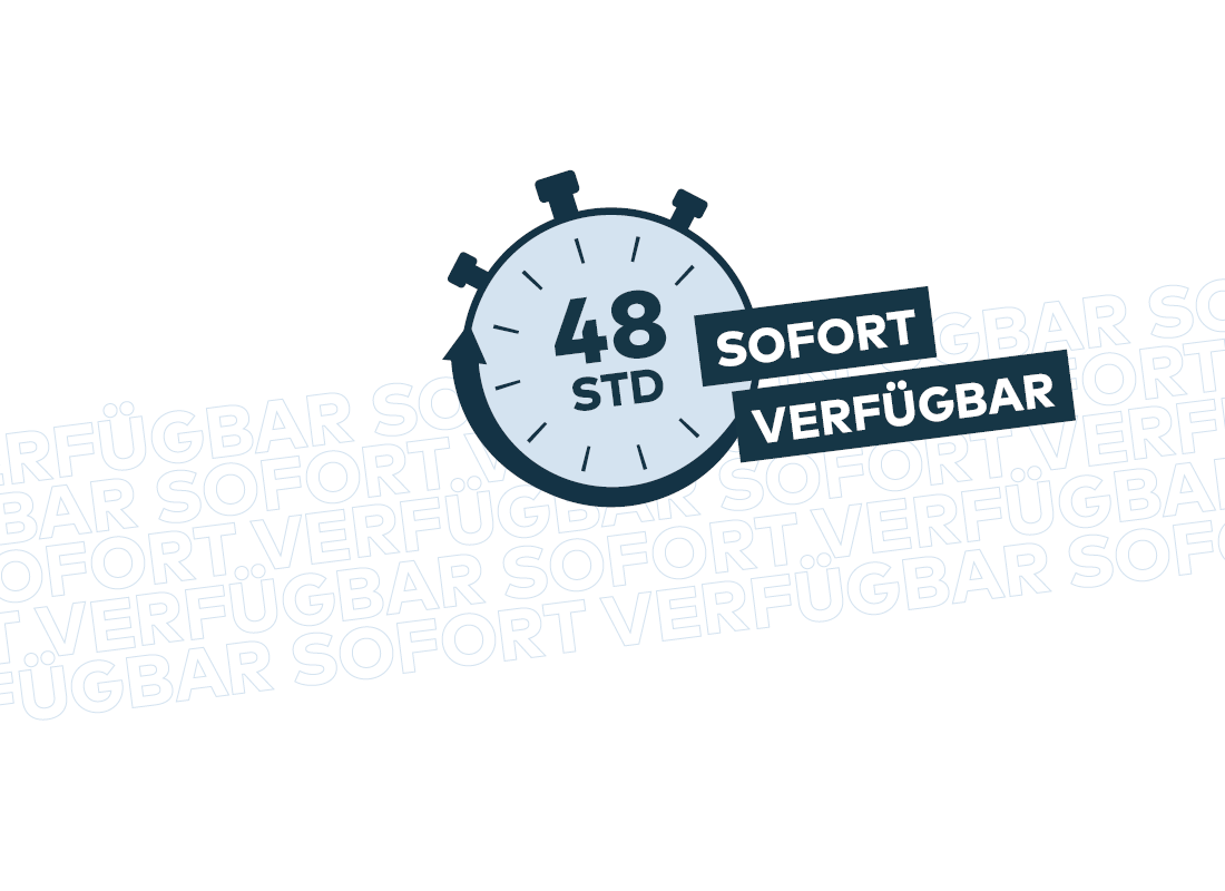 Grafik mit einer stilisierten Stoppuhr, die '48 STD' anzeigt, daneben die Worte 'SOFORT VERFÜGBAR' in weißen Buchstaben auf schwarzen Balken. Im Hintergrund ist der Text 'SOFORT VERFÜGBAR' wiederholt und blass dargestellt.