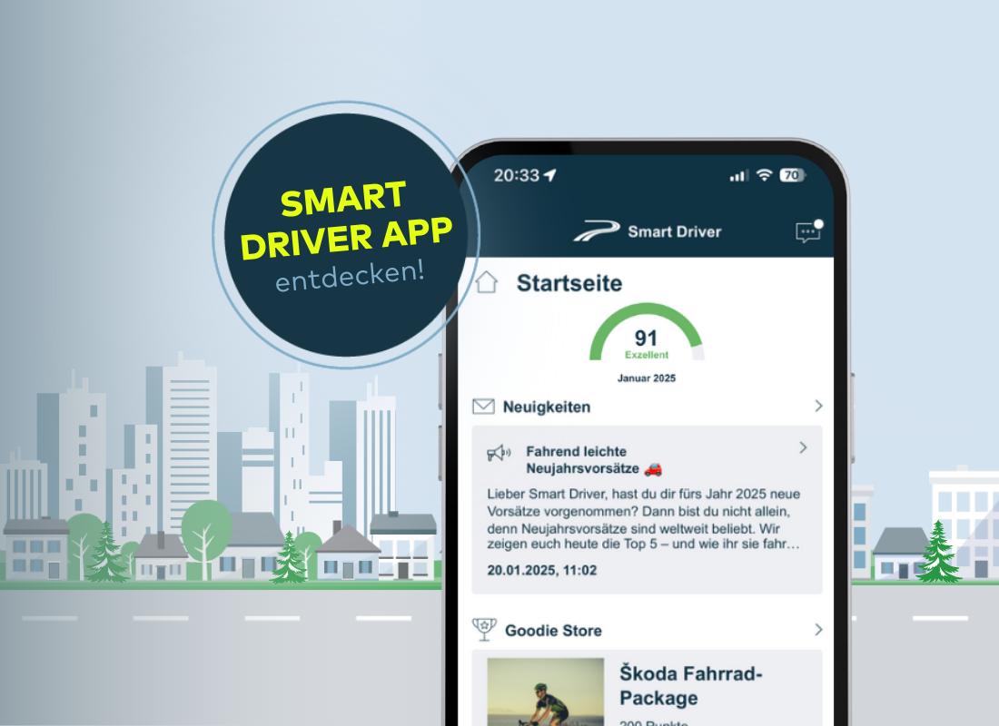 Illustration einer Stadt mit Straße und einem Handy auf der die Smart Driver App sichtbar ist