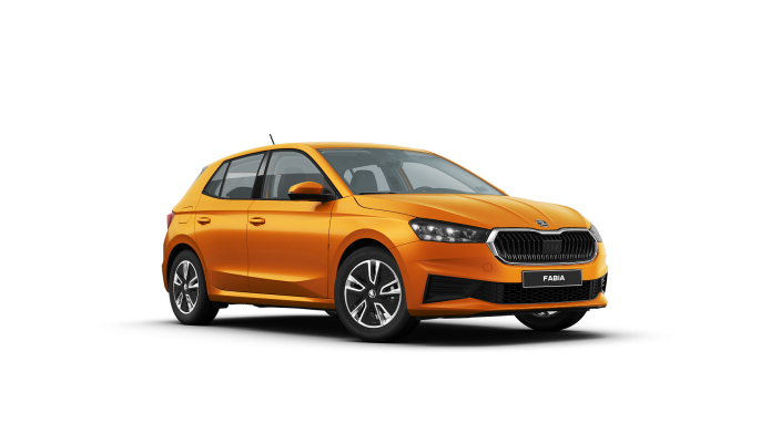 Oranger Škoda Fabia in drei-viertel Ansicht