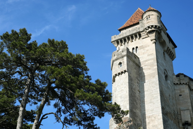 Turm der Burg Liechtenstein mit blauem Himmel.